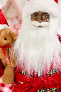 18" African American Santa Figurine with Plaid Robe