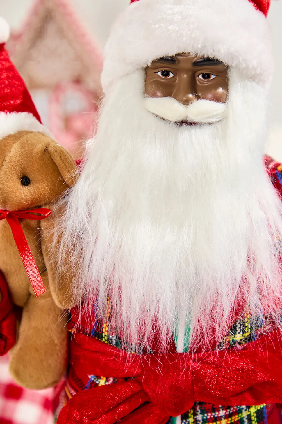 18" African American Santa Figurine with Plaid Robe