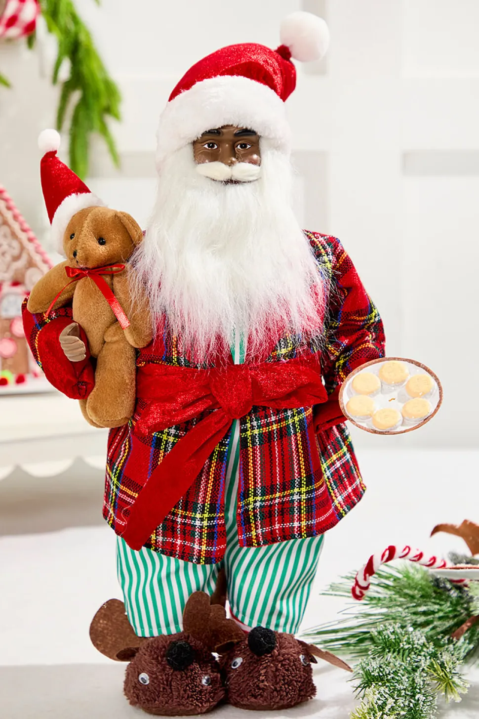 18" African American Santa Figurine with Plaid Robe
