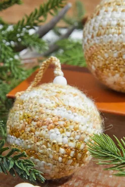 Beige/White Knit Ball Ornaments - Set of 2