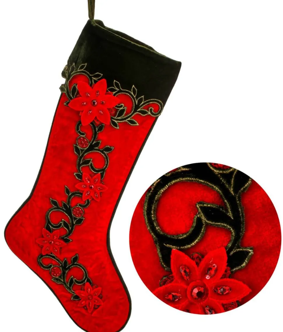 25" Berry Vine Jewel Poinsettia Velvet Stocking