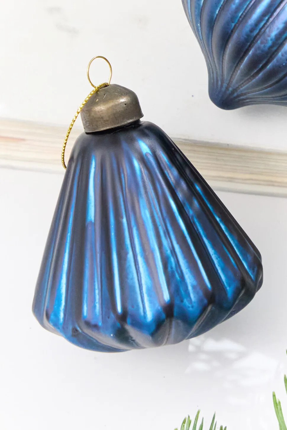 3.5" Blue Ribbed Glass Ornament