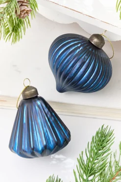 3.5" Blue Ribbed Glass Ornament
