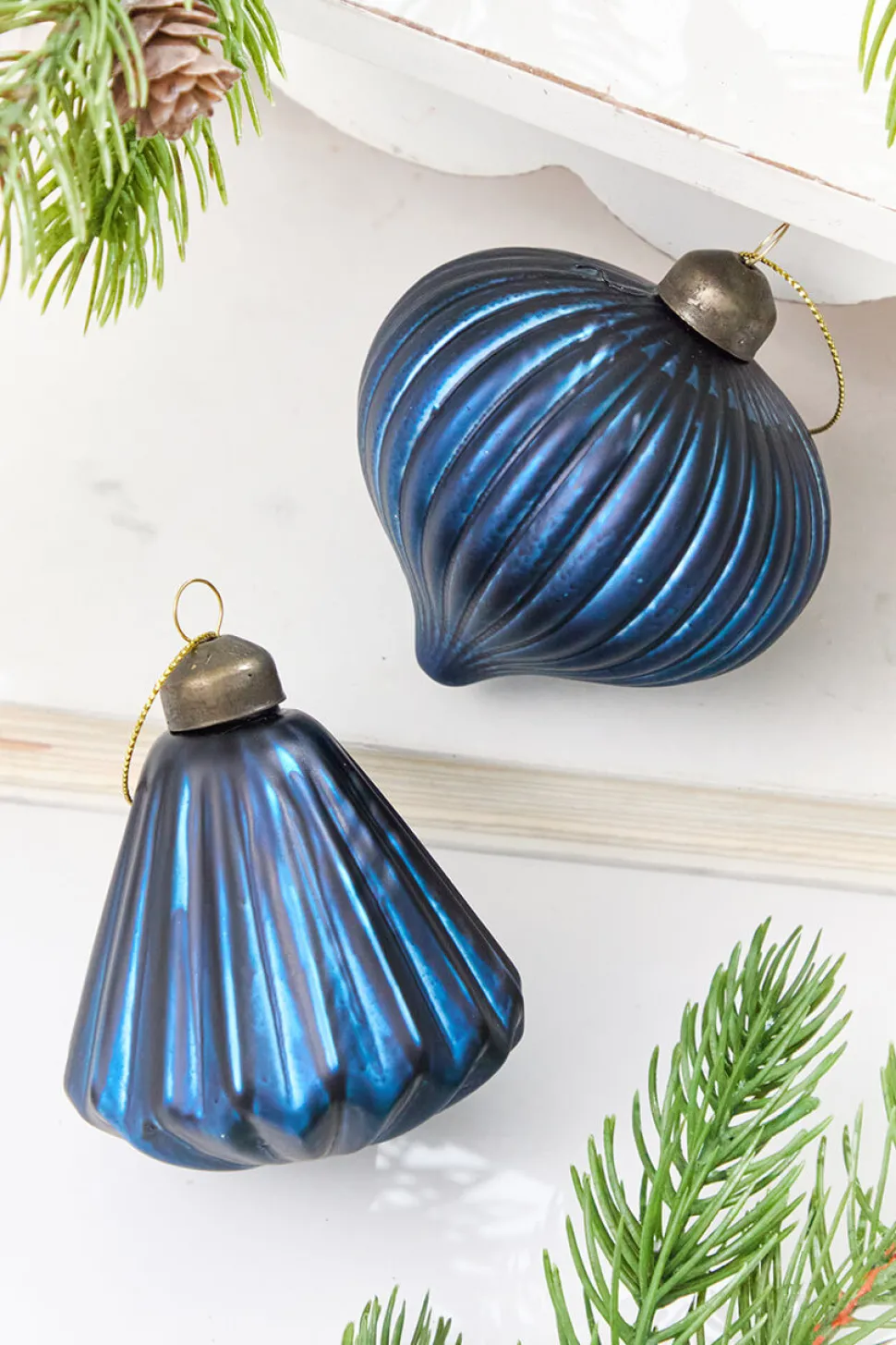 3.5" Blue Ribbed Glass Ornament