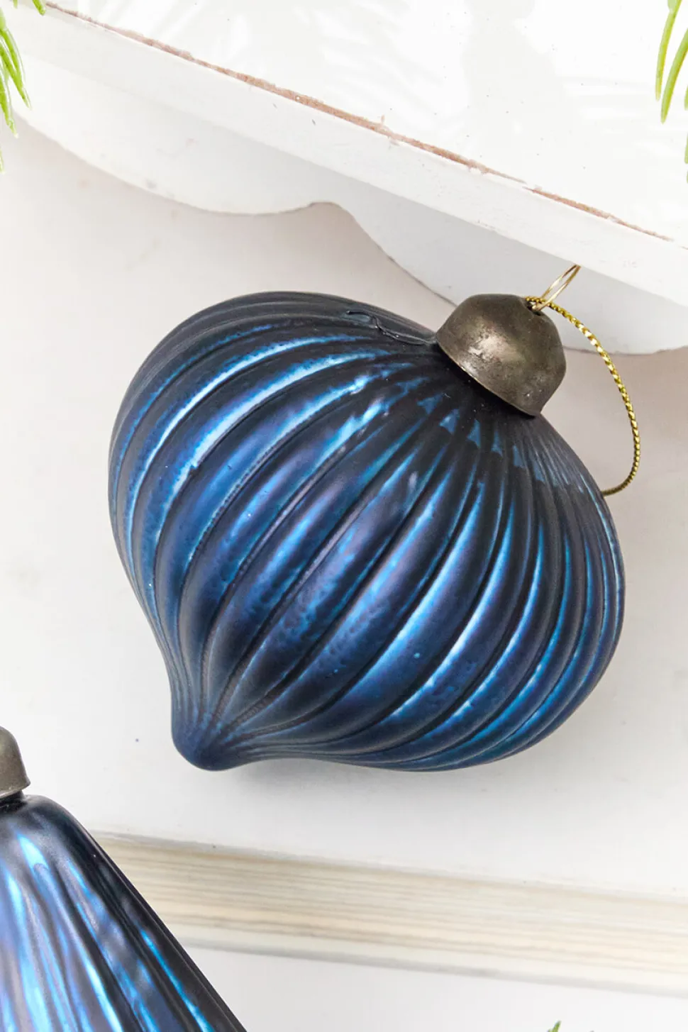 3.5" Blue Ribbed Glass Ornament