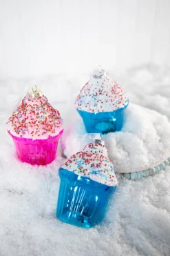 4” B/O Lighted Mercury Glass Cupcake Ornaments with Remote Control Set of 6