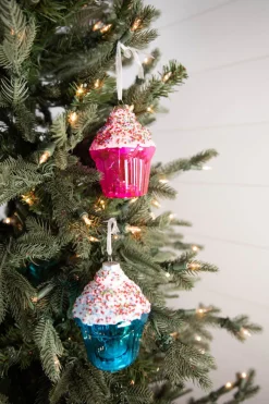 4” B/O Lighted Mercury Glass Cupcake Ornaments with Remote Control Set of 6
