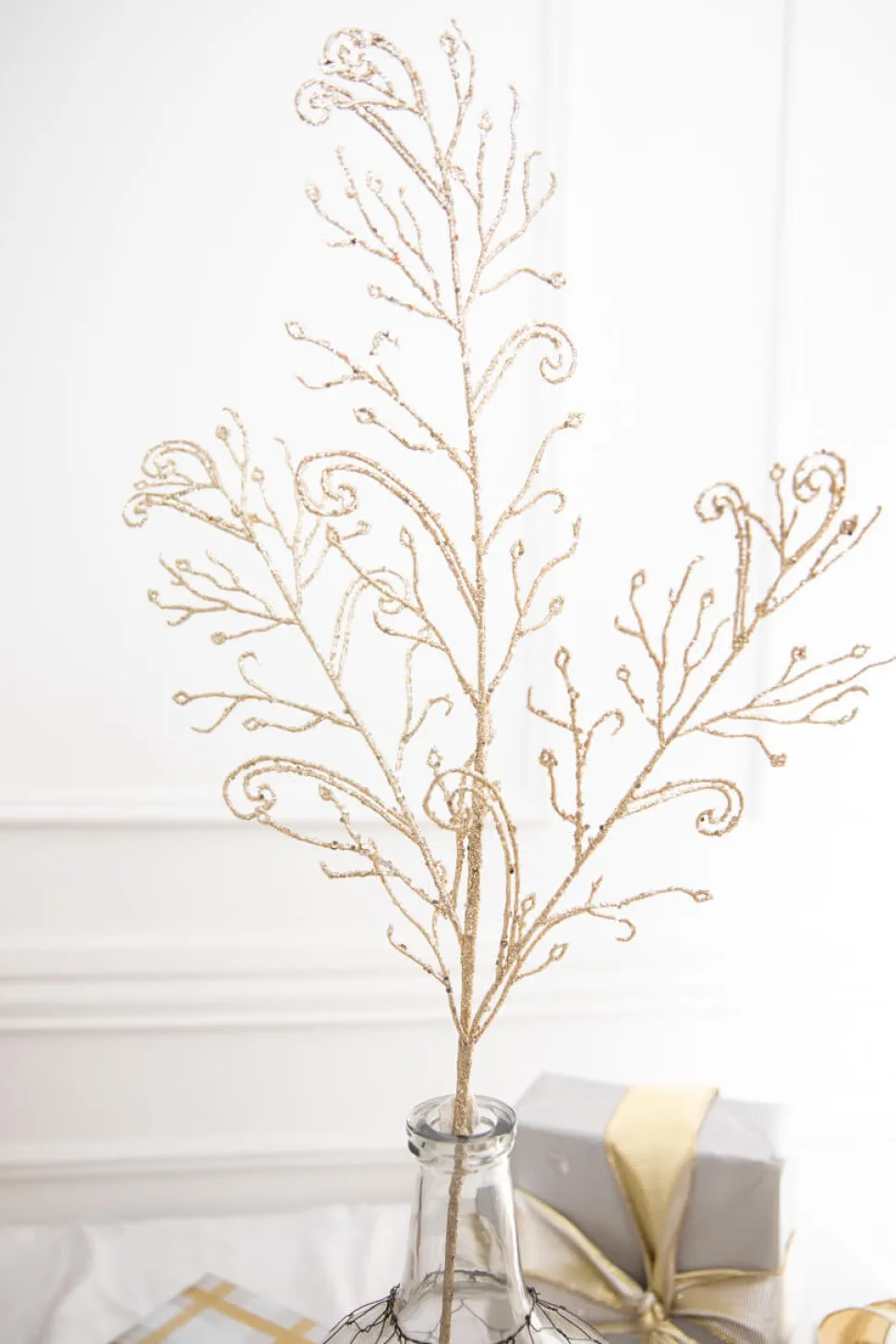 34" Champagne Glitter Lace Leaf Spray