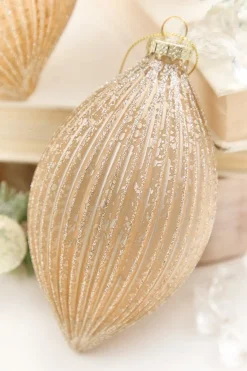 4" - 6" Champagne Glitter Ribbed Glass Ornament