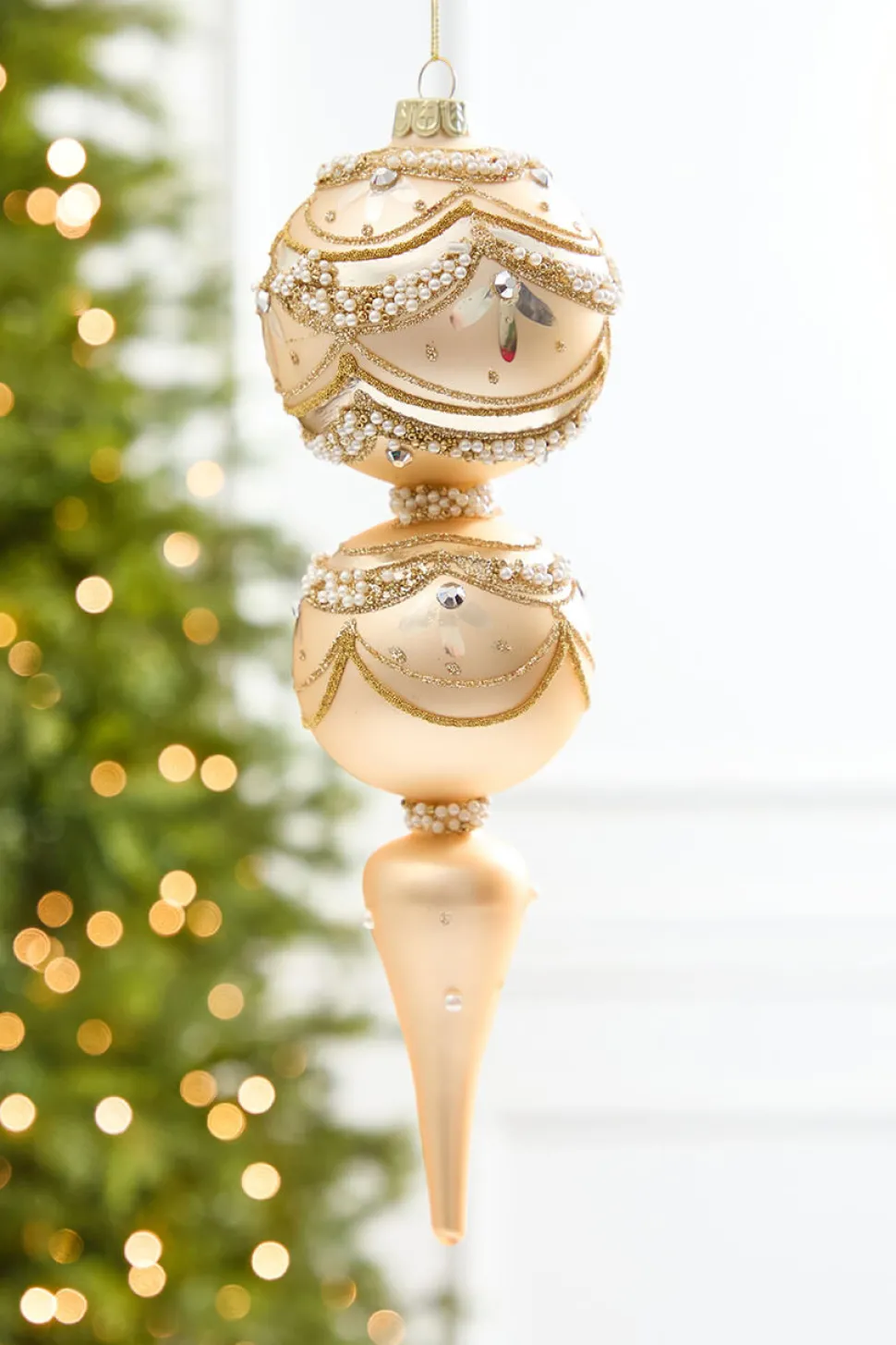 11" Champagne & Pearl Trimmed Finial Glass Ornament