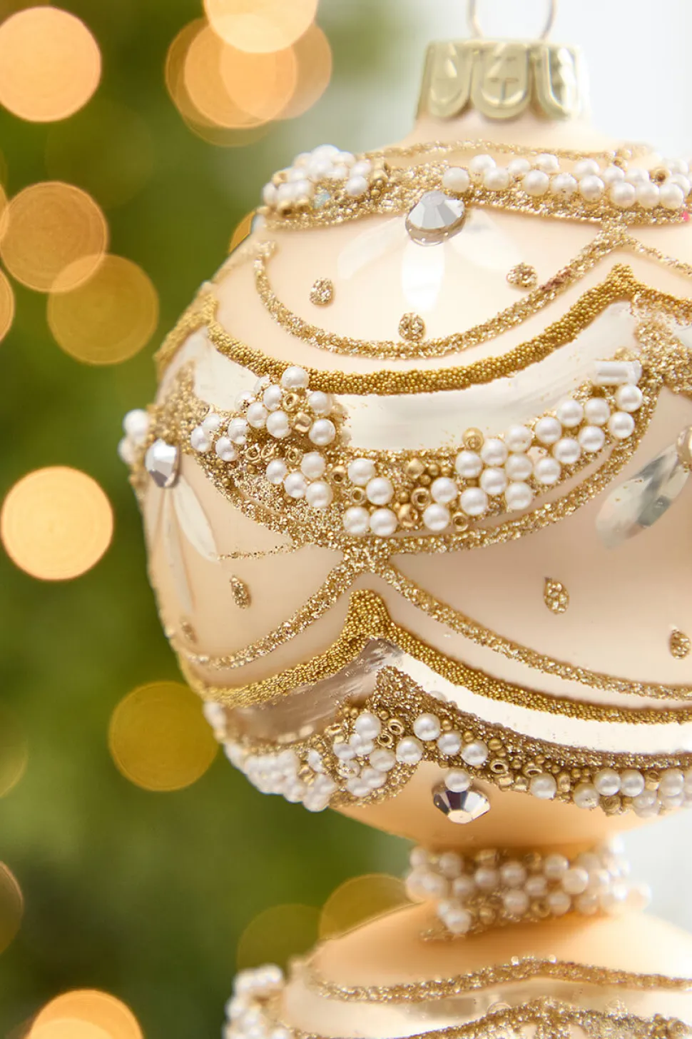 11" Champagne & Pearl Trimmed Finial Glass Ornament