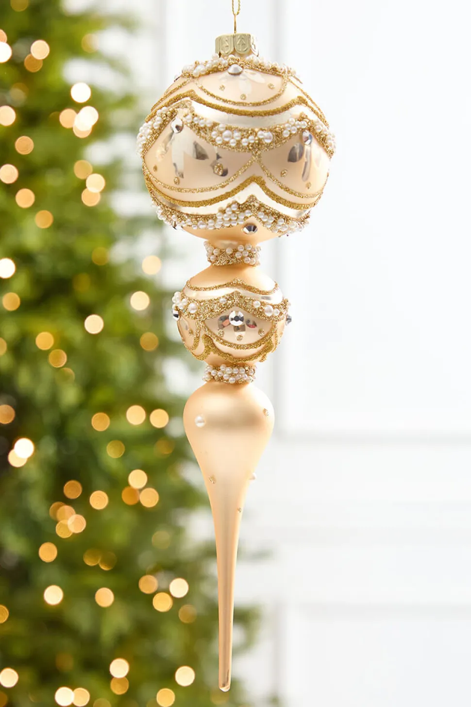 11" Champagne & Pearl Trimmed Finial Glass Ornament