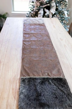 Chocolate Printed Velvet with Fur Trim Table Runner (15"x72")