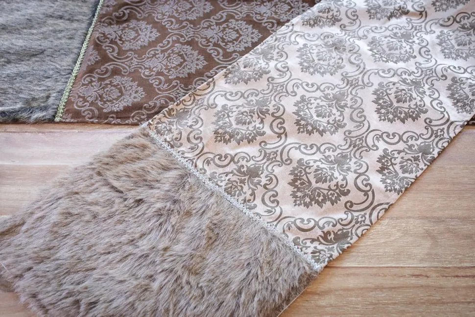 Chocolate Printed Velvet with Fur Trim Table Runner (15"x72")