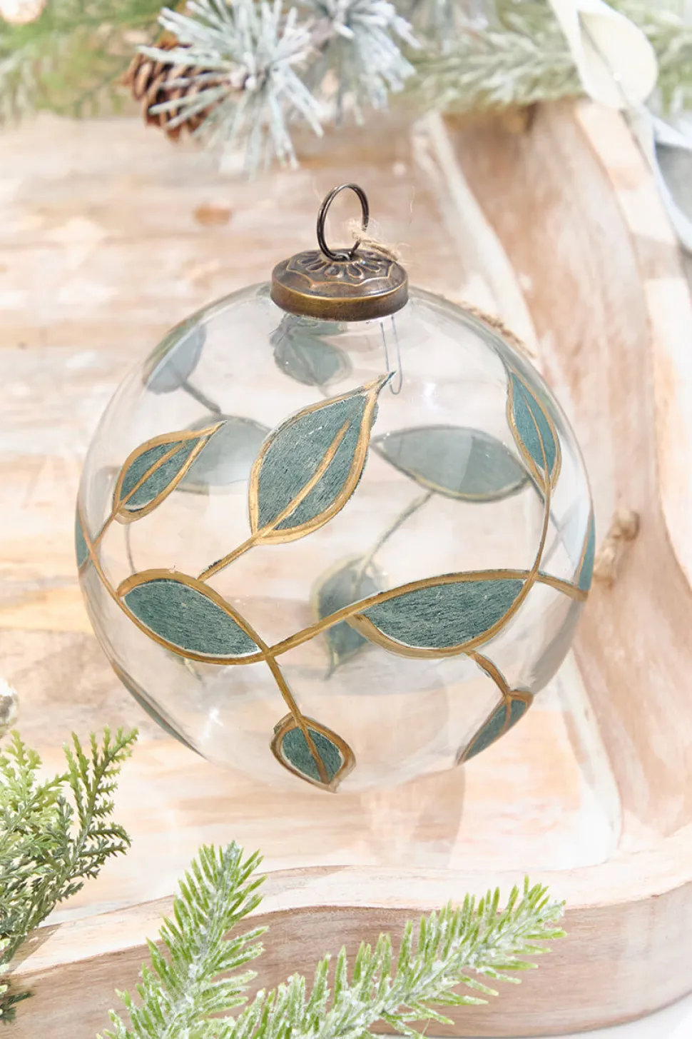 5" Clear Glass Ornament with Leaves