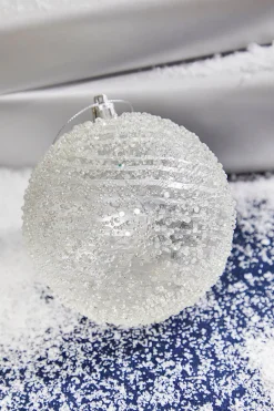 4” Clear White Swirl Iced Ball Ornament