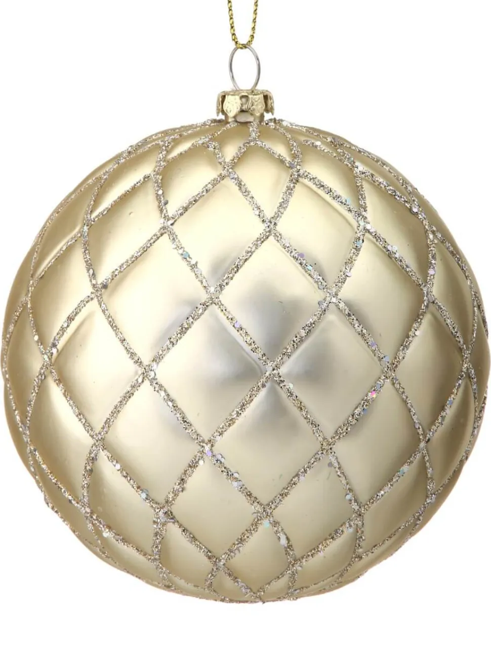 10 CM Champagne Matte Glitter Quilted Net Ball Ornament