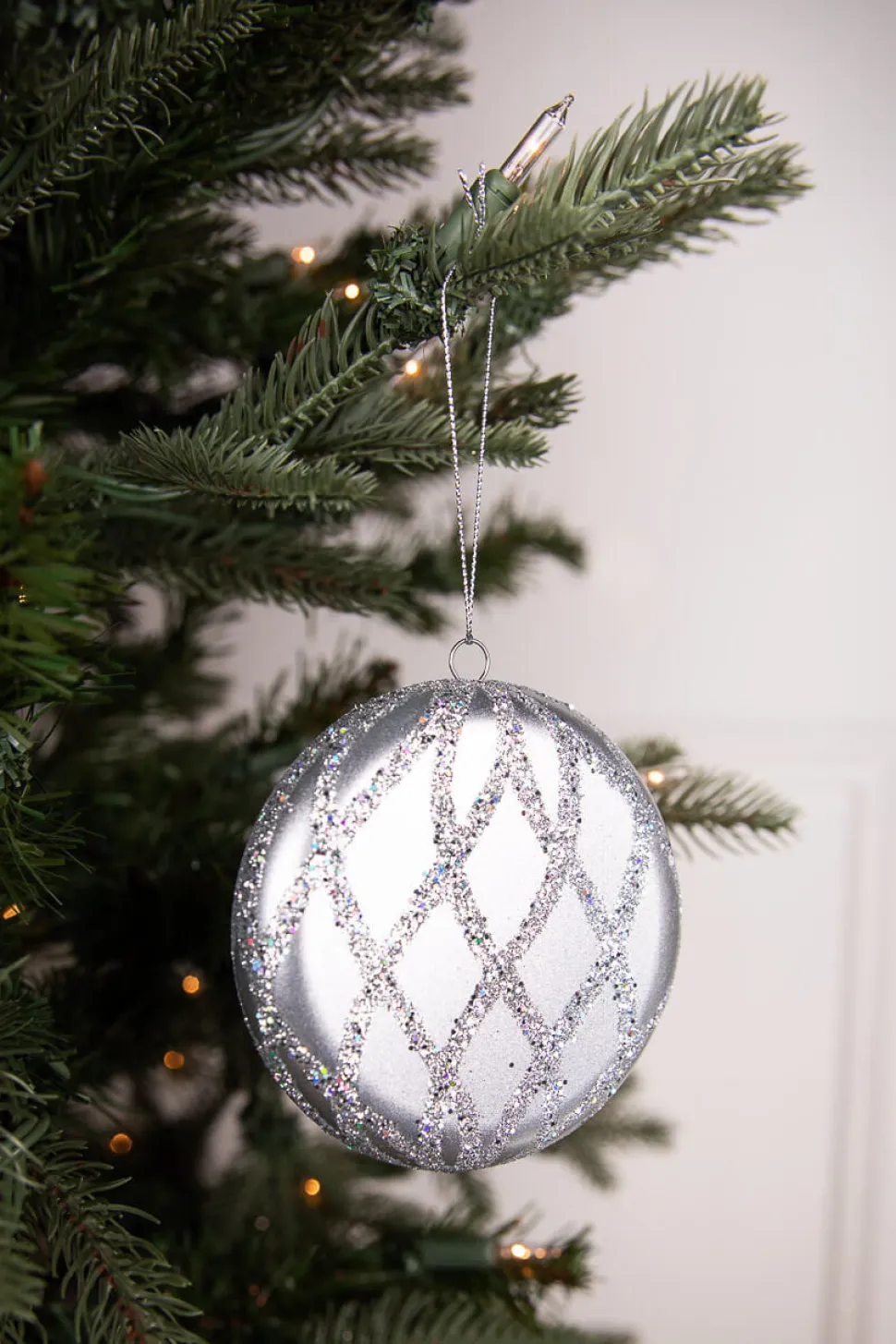 10cm Matte Glitter Flat Round Ornament - Silver