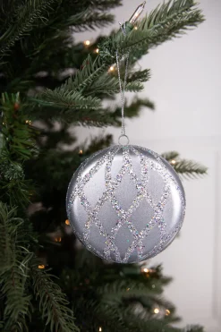 10cm Matte Glitter Flat Round Ornament - Silver