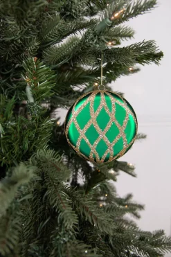 10cm Matte Glitter Flat Round Ornament - Green/Gold