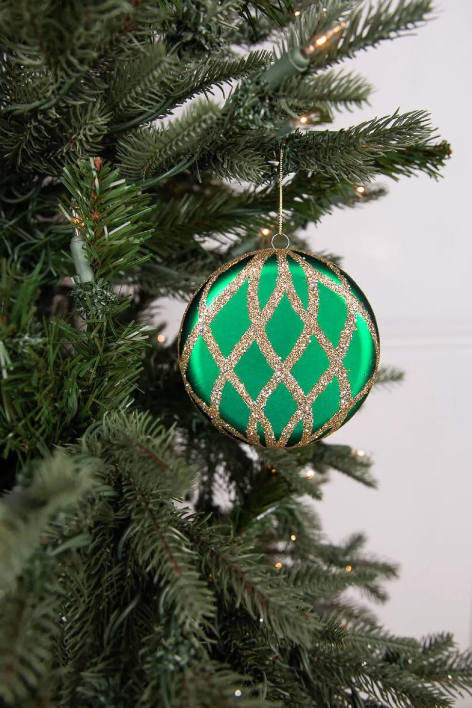 10cm Matte Glitter Flat Round Ornament - Green/Gold