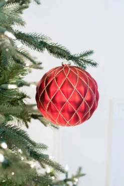 15 CM Red Matte Glitter Net Quilted Ball Ornament