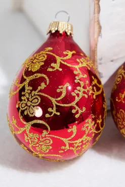 6ct Glass Drop Christmas Red & Red Velvet with Gold Floral Glitterlace