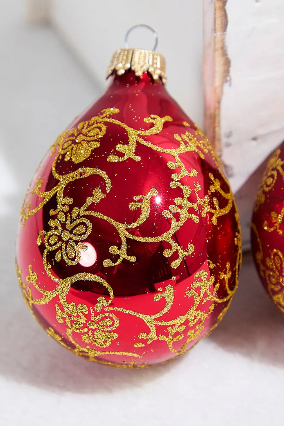 6ct Glass Drop Christmas Red & Red Velvet with Gold Floral Glitterlace