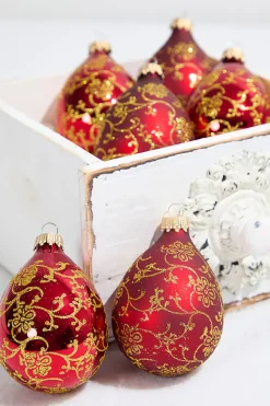 6ct Glass Drop Christmas Red & Red Velvet with Gold Floral Glitterlace