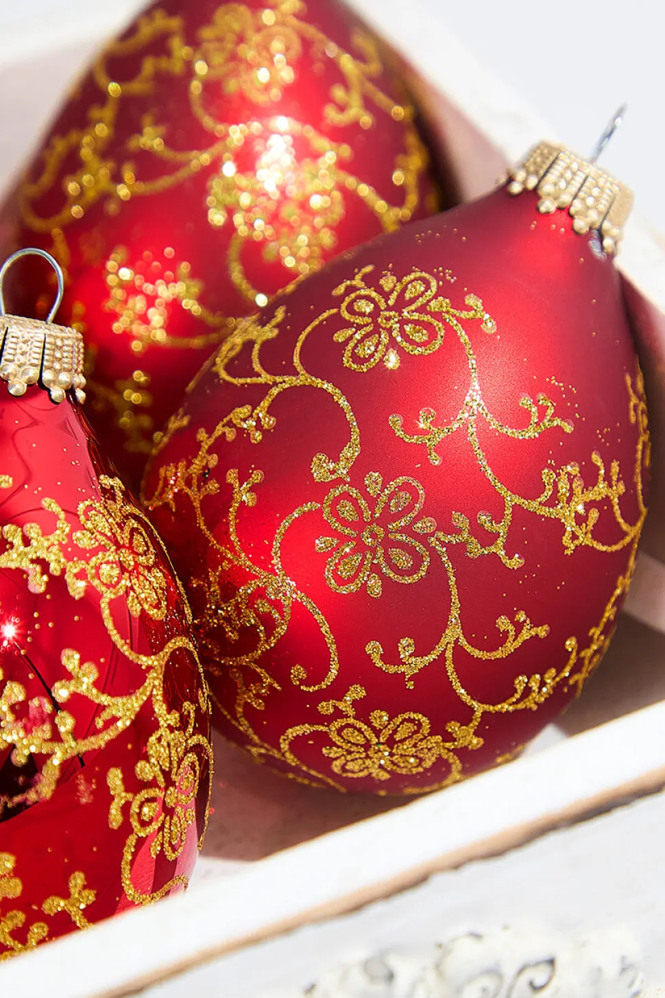 4ct Glass Drop Christmas Red Velvet Gold Floral Glitter Ornament