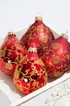 4ct Glass Drop Christmas Red Velvet Gold Floral Glitter Ornament