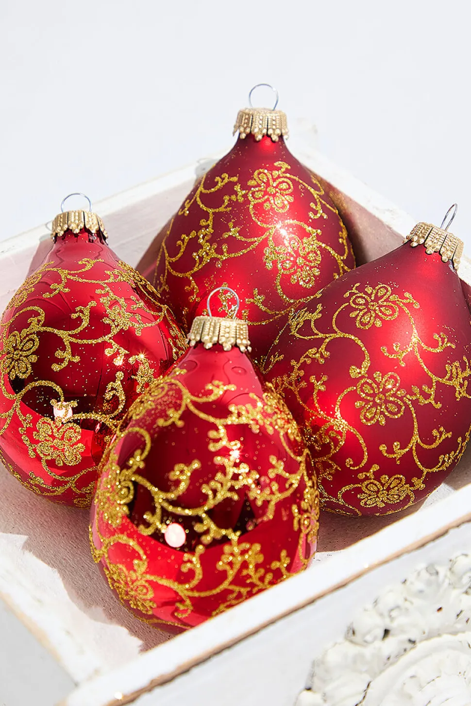 4ct Glass Drop Christmas Red Velvet Gold Floral Glitter Ornament