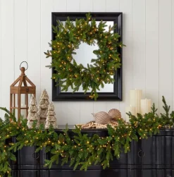 9' Dandan Green Plug-In Garland with Warm White LED Lights