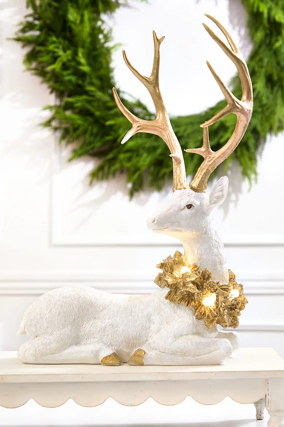 20" Elegant White & Gold Resin Deer with LED Lights