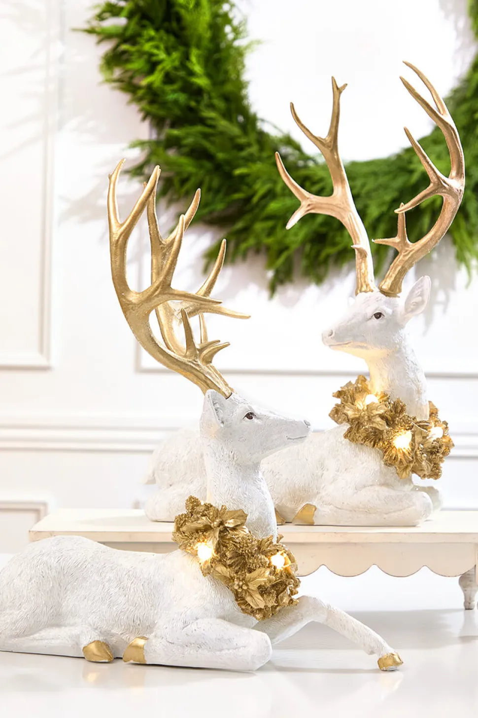 20" Elegant White & Gold Resin Deer with LED Lights
