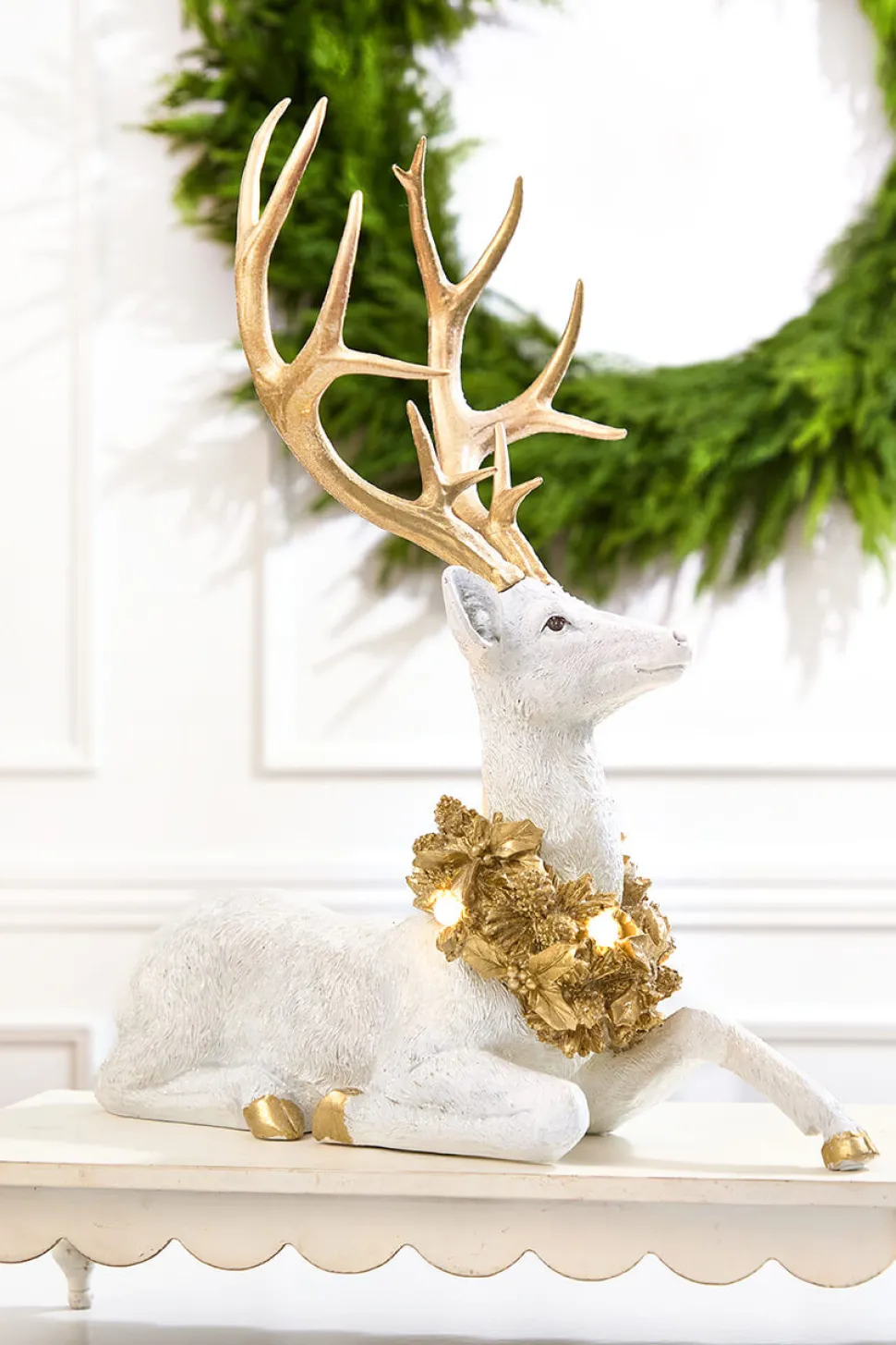 20" Elegant White & Gold Resin Deer with LED Lights