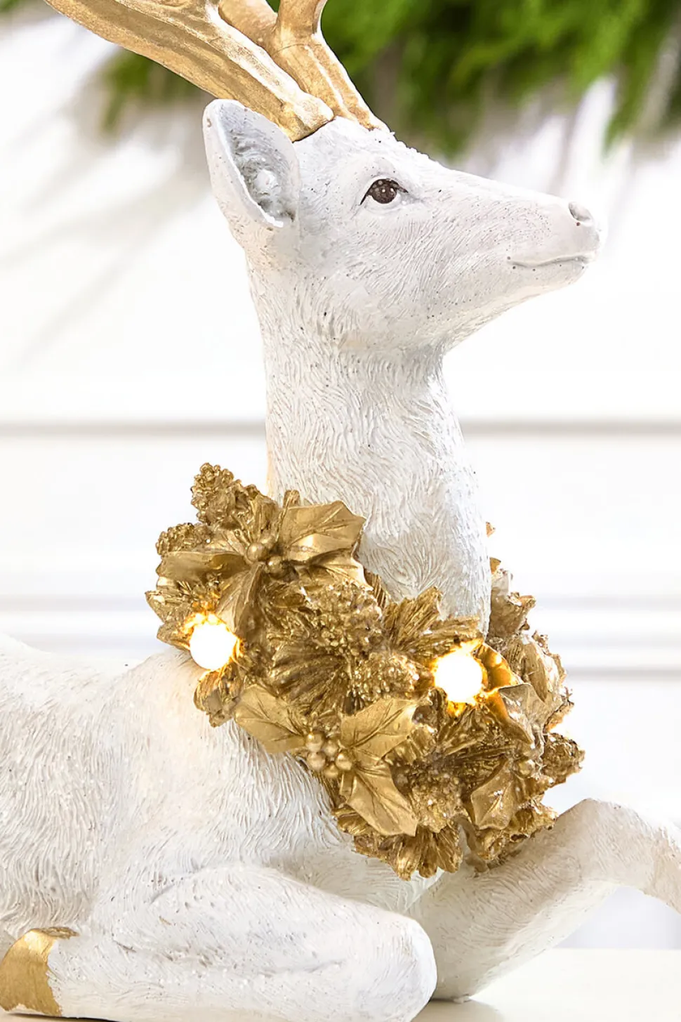 20" Elegant White & Gold Resin Deer with LED Lights