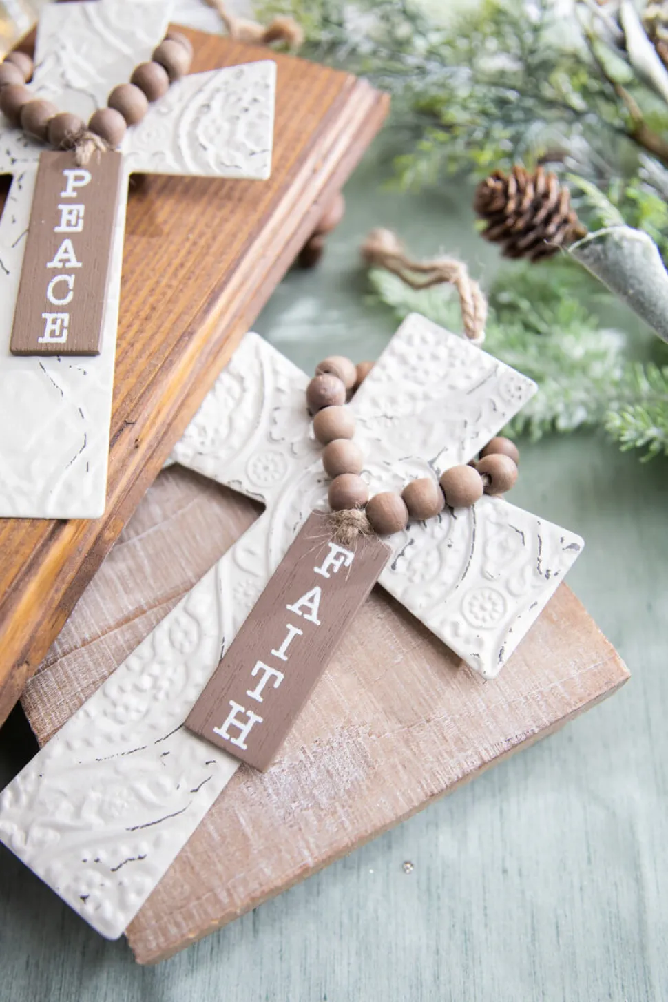 7.5" Embossed Cross With Beads Ornament