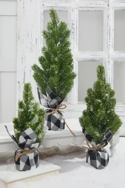 Flocked Pine Tree With Plaid Fabric - Large