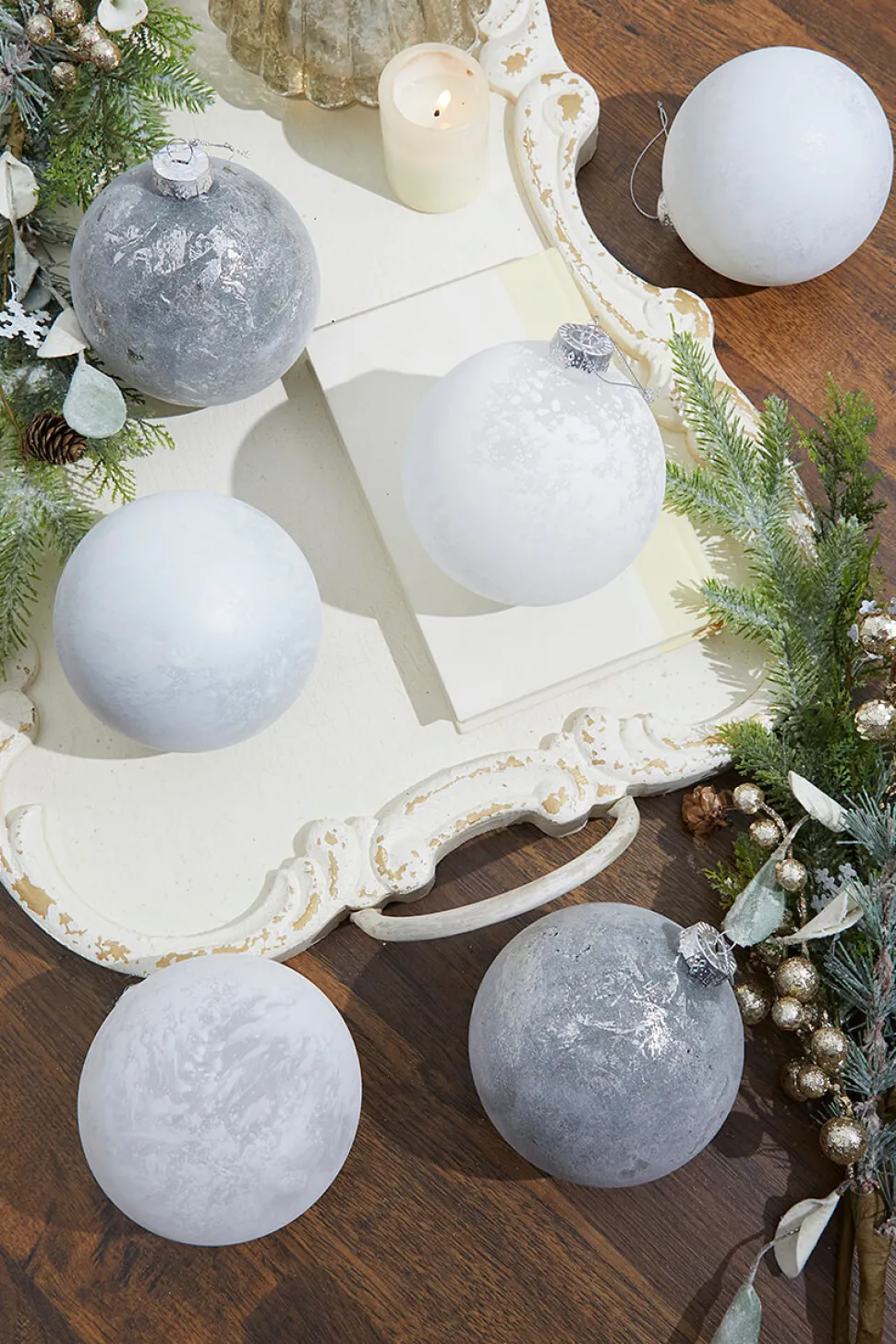 5" Frosted White Christmas Ball Ornaments - Set of 6