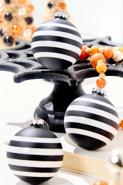 3" Glass Black & White Stripe Halloween Ball Ornament Box - Set of 3