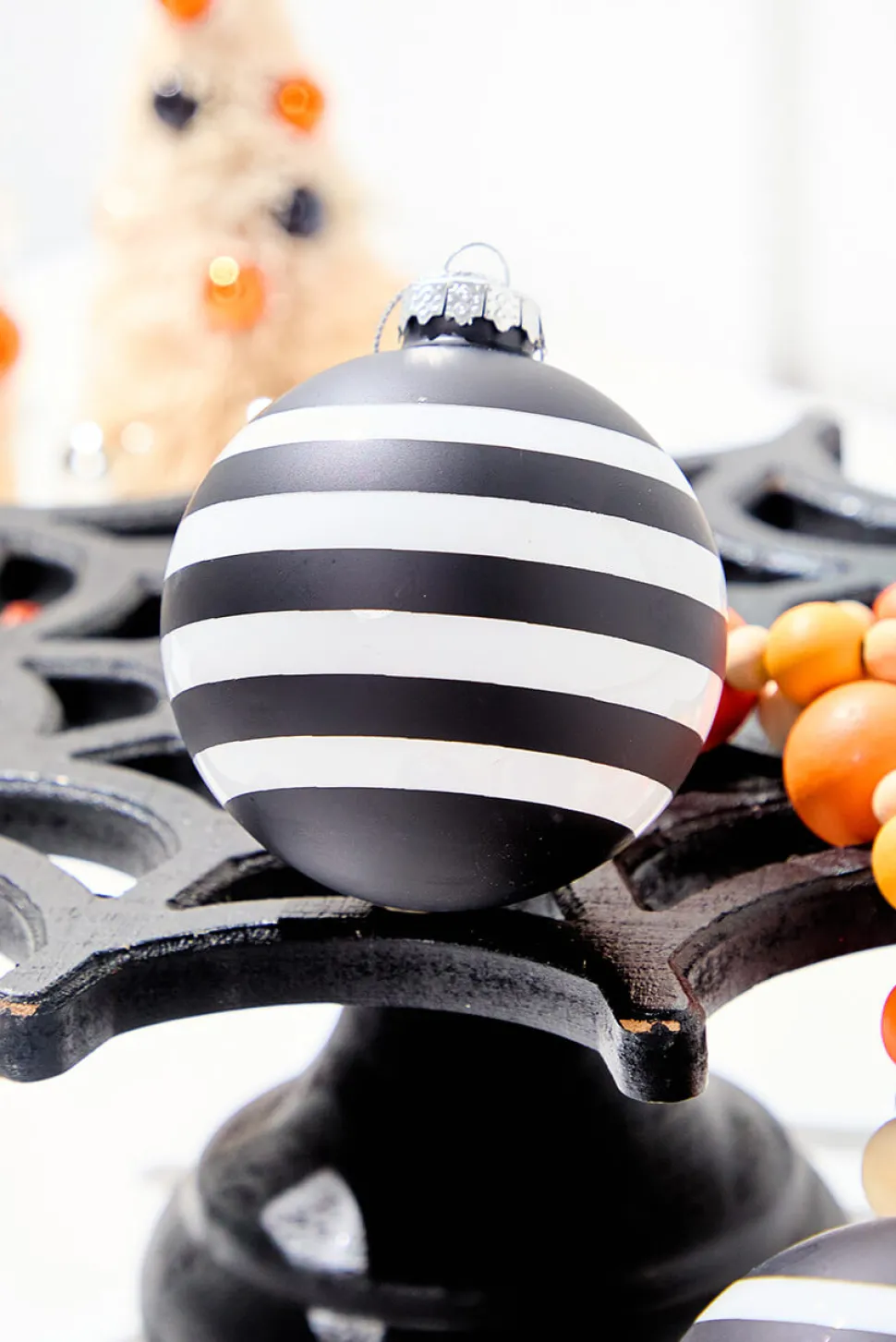 3" Glass Black & White Stripe Halloween Ball Ornament Box - Set of 3