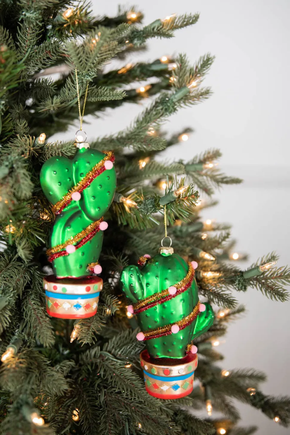 6” - 7" Glass Cactus With Pom Pom Ornament