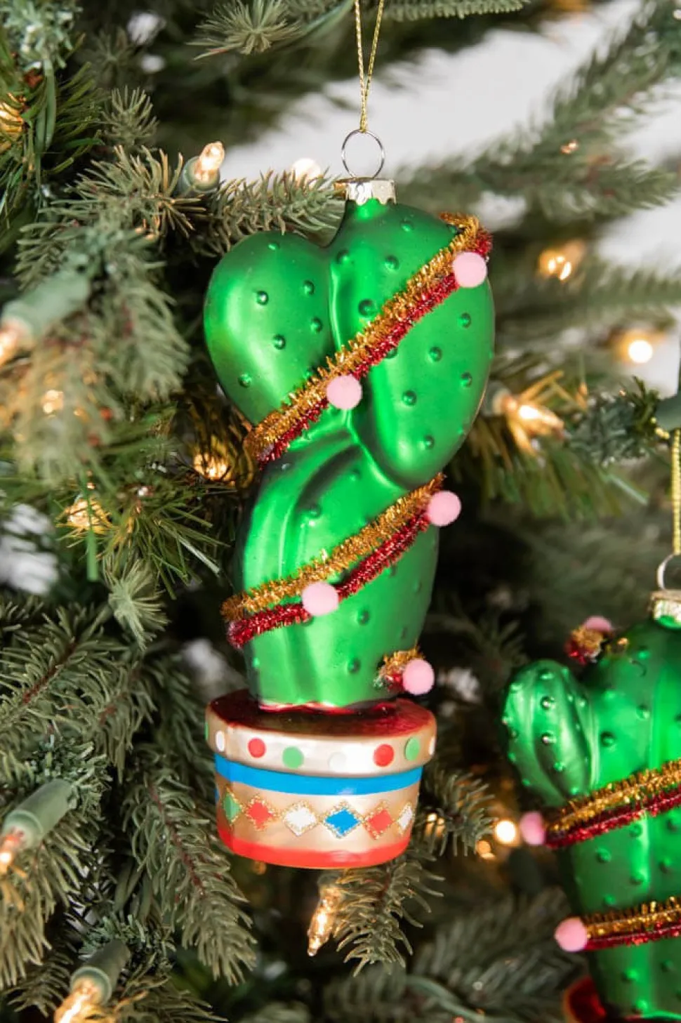 6” - 7" Glass Cactus With Pom Pom Ornament