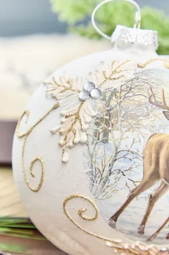5” Glass Deer with Holly Scroll Ball Ornament
