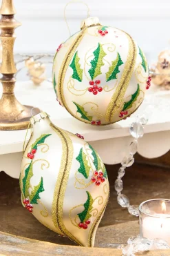 5" - 7" Glass Holly Ball & Finial Ornament