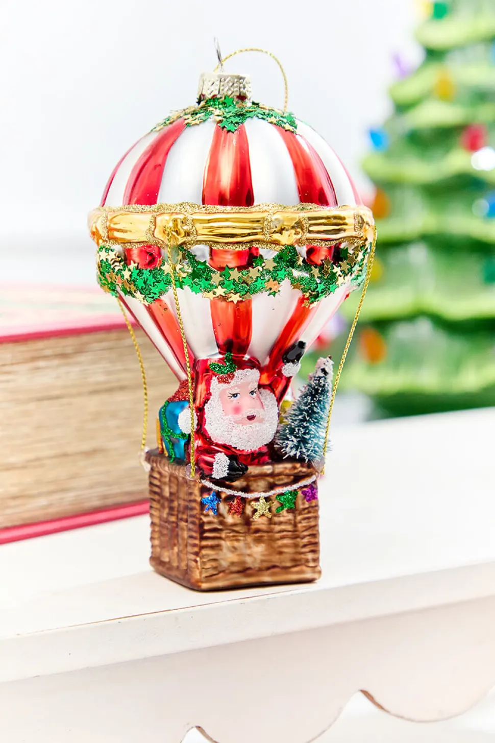 6" Glass Hot Air Balloon Santa Ornament
