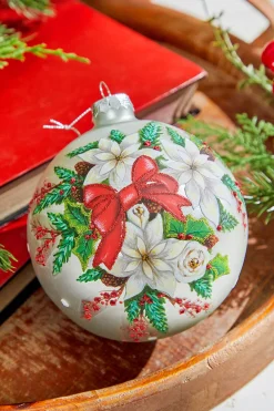 5" Glass Poinsettia Holly Ball Ornament
