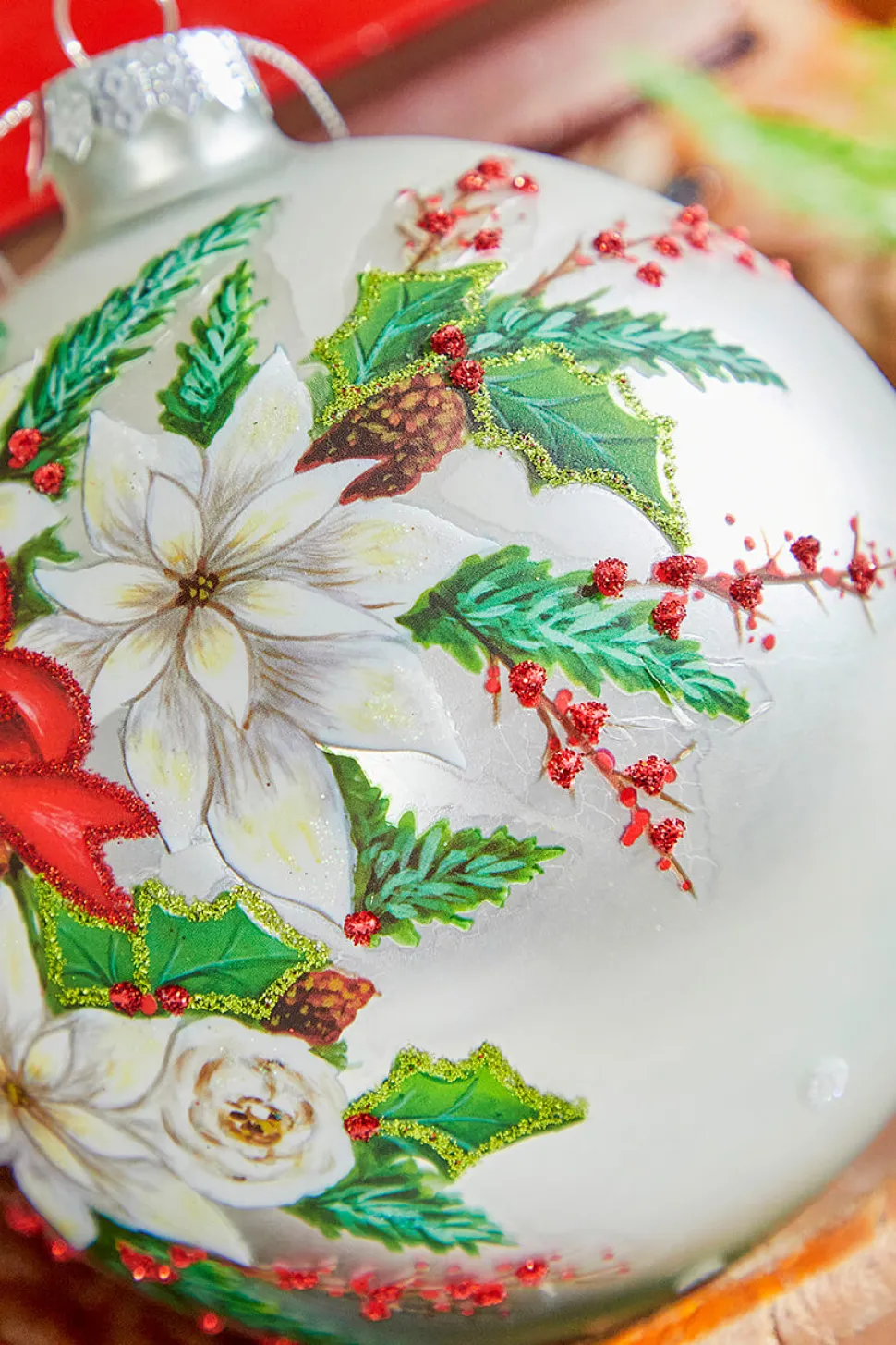 5" Glass Poinsettia Holly Ball Ornament