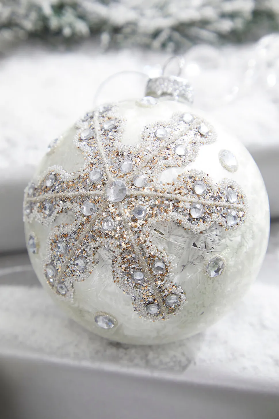 4" Glitter Ball/Finial Snowflake Ornament